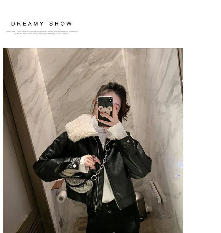New Vintage Winter Leather Jacket Women Black Biker Coat Female Windbreak 2021 Lamb Fur Collar Thick Jacket