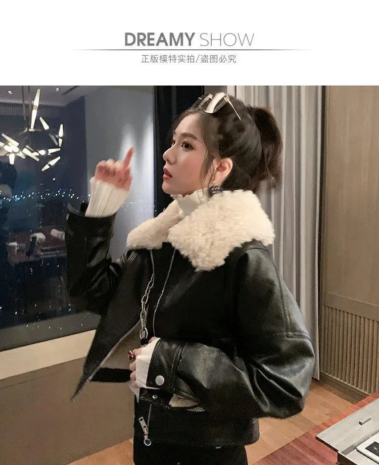 New Vintage Winter Leather Jacket Women Black Biker Coat Female Windbreak 2021 Lamb Fur Collar Thick Jacket