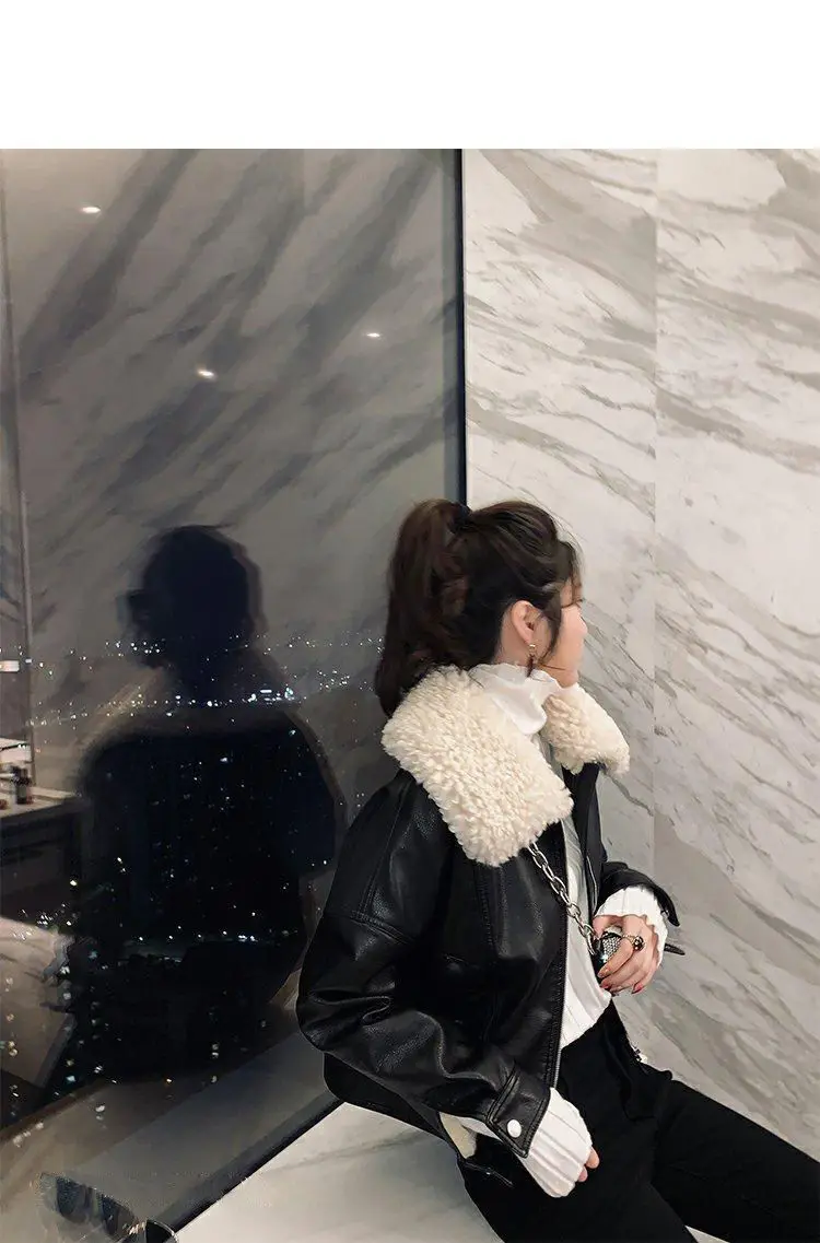 New Vintage Winter Leather Jacket Women Black Biker Coat Female Windbreak 2021 Lamb Fur Collar Thick Jacket