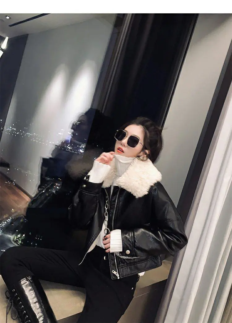New Vintage Winter Leather Jacket Women Black Biker Coat Female Windbreak 2021 Lamb Fur Collar Thick Jacket