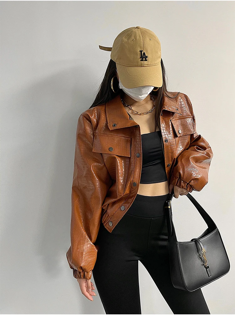 Lautaro-Crocodile Print Faux Leather Jacket for Women, Short, Cool, Oversized, European Fashion Streetwear, Button Up, Spring