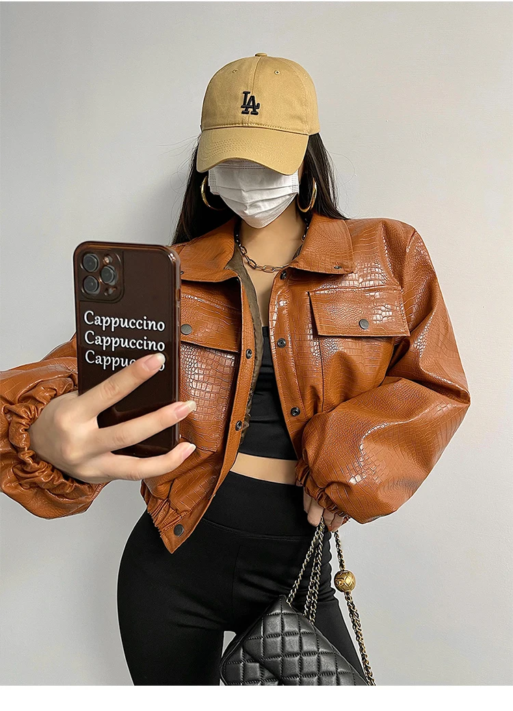 Lautaro-Crocodile Print Faux Leather Jacket for Women, Short, Cool, Oversized, European Fashion Streetwear, Button Up, Spring