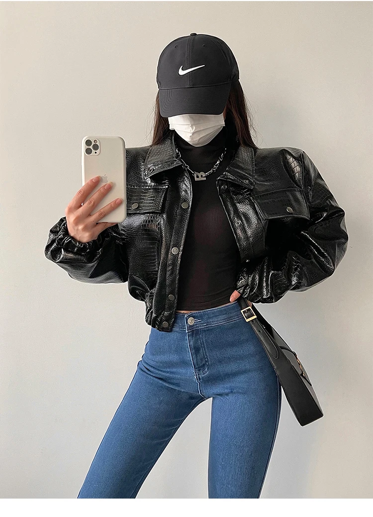 Lautaro-Crocodile Print Faux Leather Jacket for Women, Short, Cool, Oversized, European Fashion Streetwear, Button Up, Spring