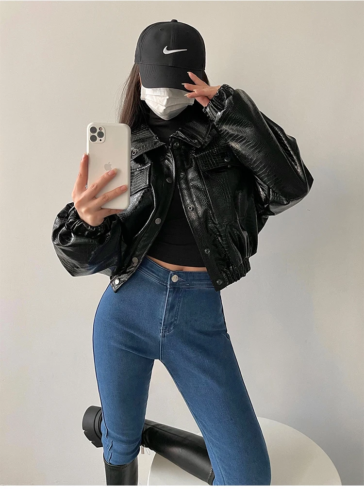 Lautaro-Crocodile Print Faux Leather Jacket for Women, Short, Cool, Oversized, European Fashion Streetwear, Button Up, Spring