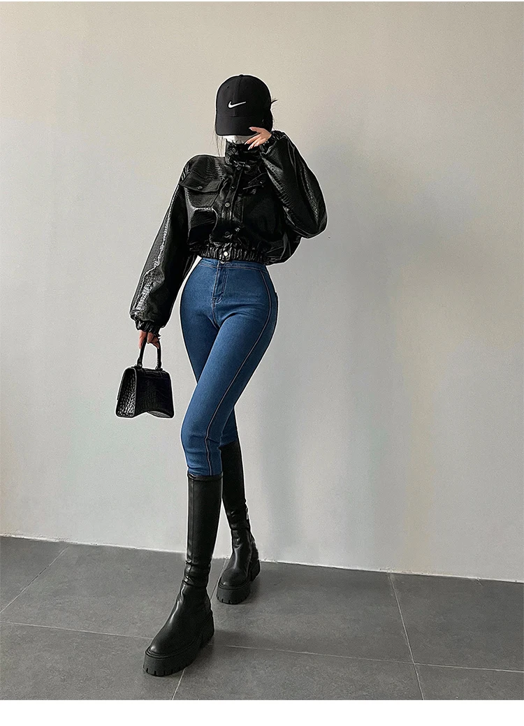 Lautaro-Crocodile Print Faux Leather Jacket for Women, Short, Cool, Oversized, European Fashion Streetwear, Button Up, Spring