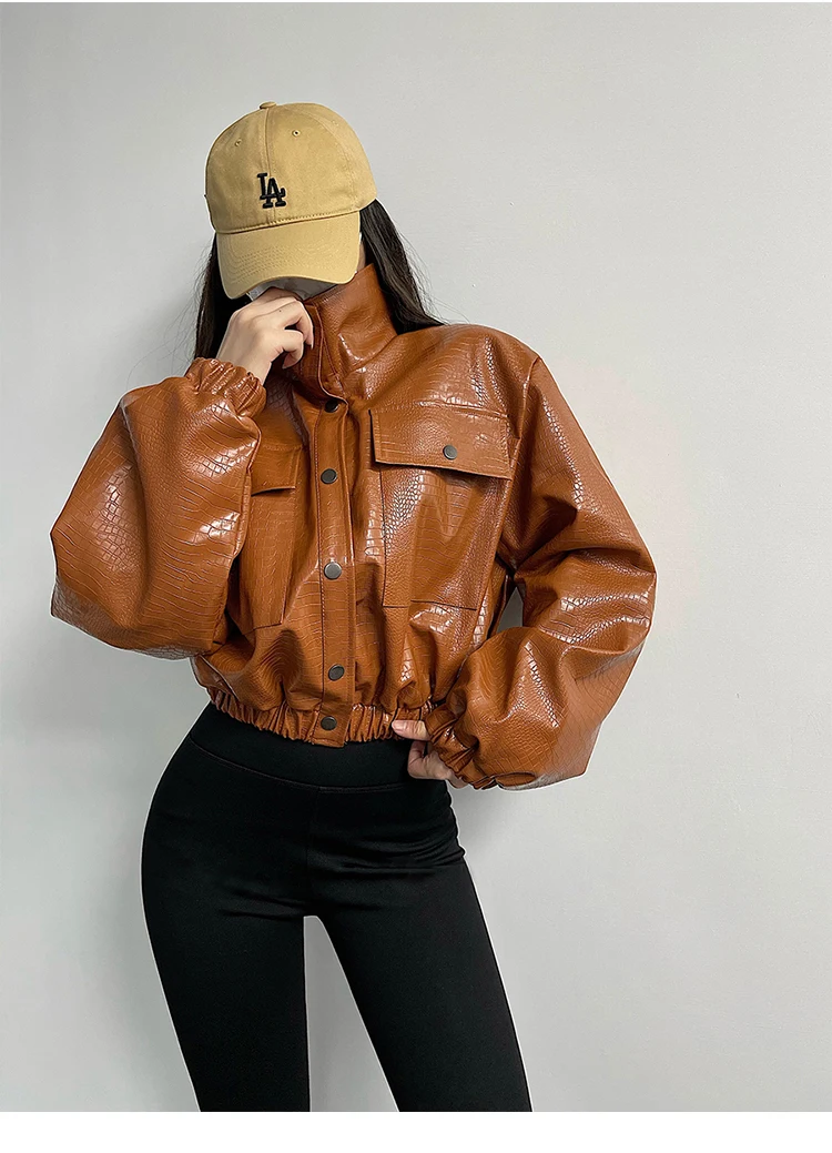 Lautaro-Crocodile Print Faux Leather Jacket for Women, Short, Cool, Oversized, European Fashion Streetwear, Button Up, Spring