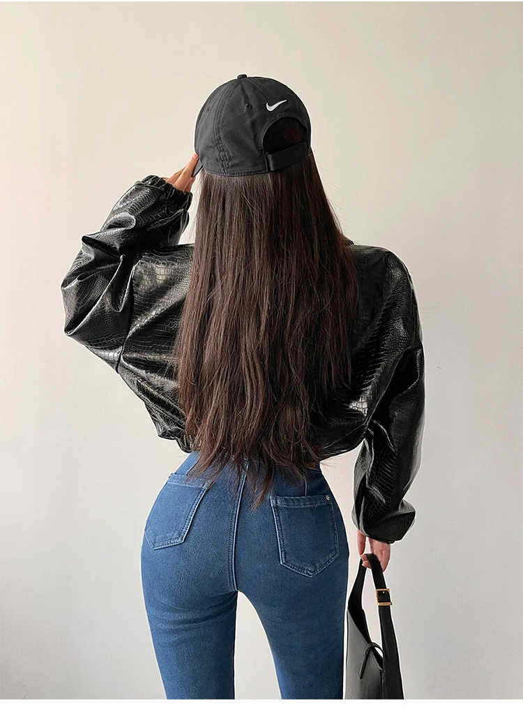 Lautaro-Crocodile Print Faux Leather Jacket for Women, Short, Cool, Oversized, European Fashion Streetwear, Button Up, Spring