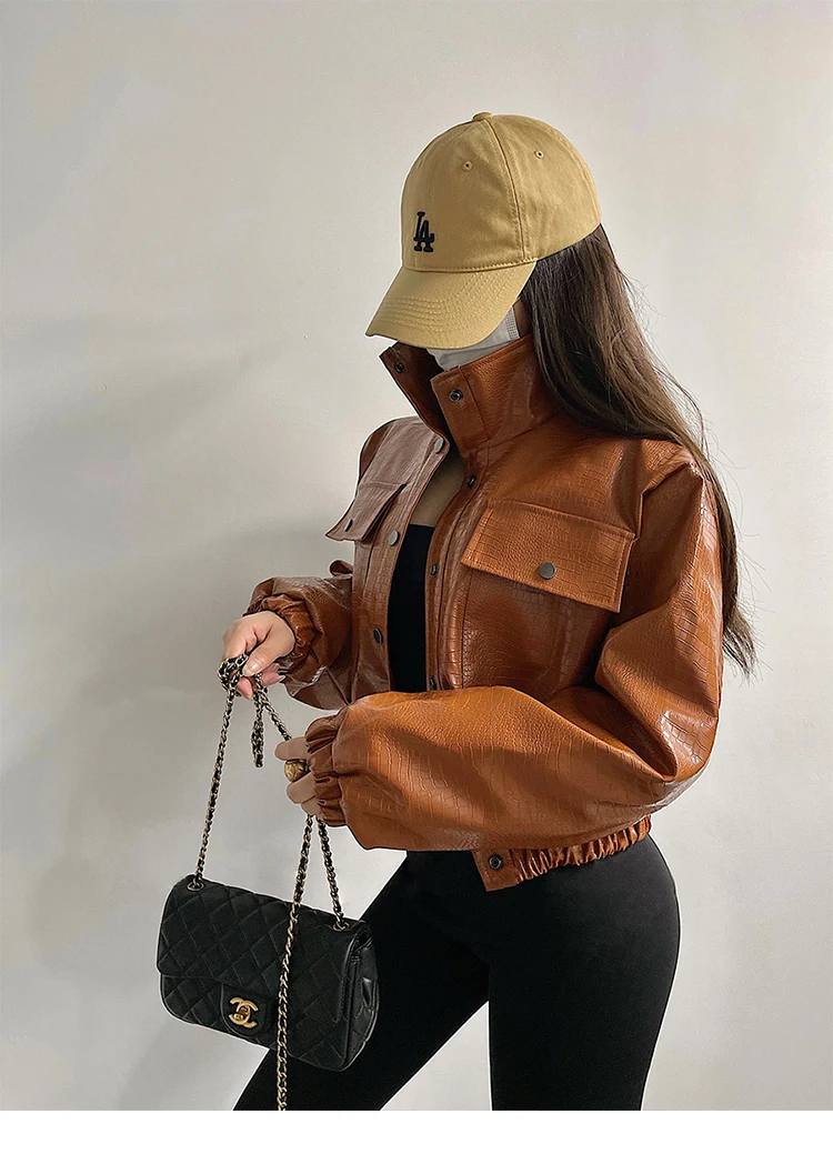 Lautaro-Crocodile Print Faux Leather Jacket for Women, Short, Cool, Oversized, European Fashion Streetwear, Button Up, Spring