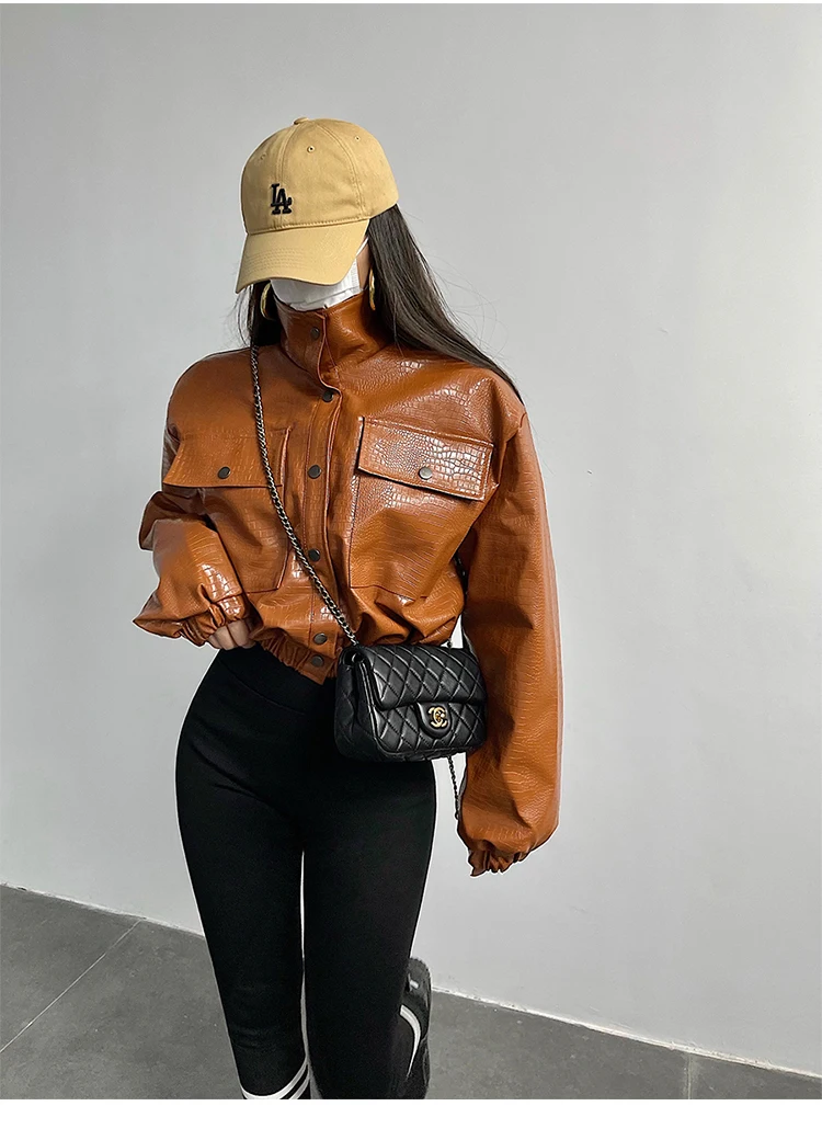 Lautaro-Crocodile Print Faux Leather Jacket for Women, Short, Cool, Oversized, European Fashion Streetwear, Button Up, Spring