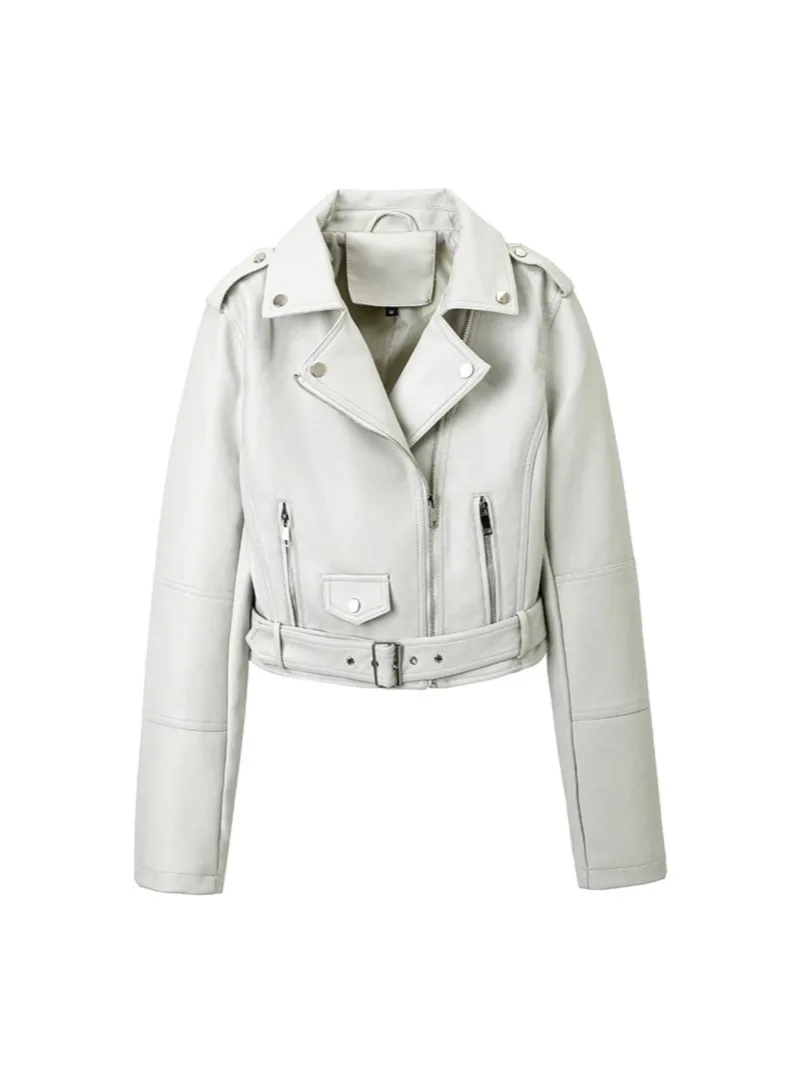 2026 Fashion Spring Autumn Women's PU Leather Jacket Moto&biker Super-short Expose-navel Coat Zip-up Lapel Top Belt Slim Jackets