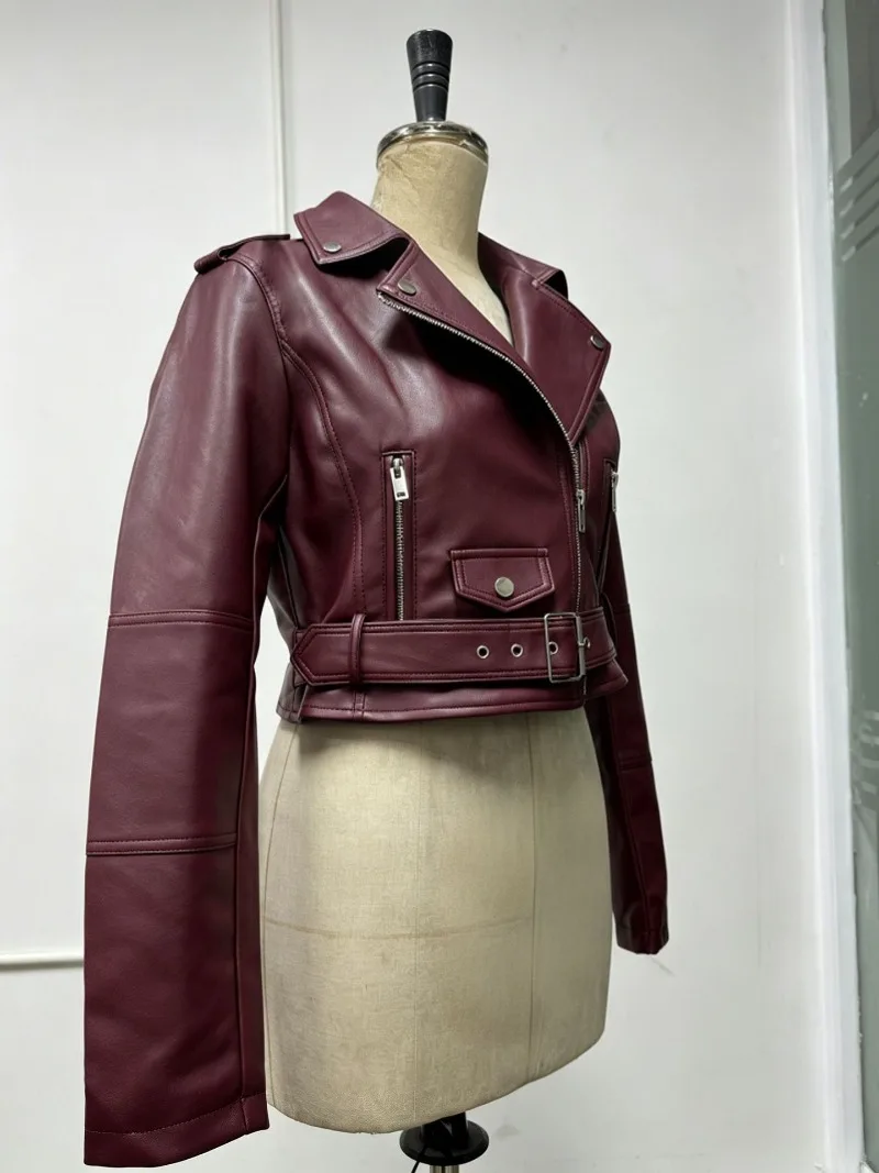 2026 Fashion Spring Autumn Women's PU Leather Jacket Moto&biker Super-short Expose-navel Coat Zip-up Lapel Top Belt Slim Jackets