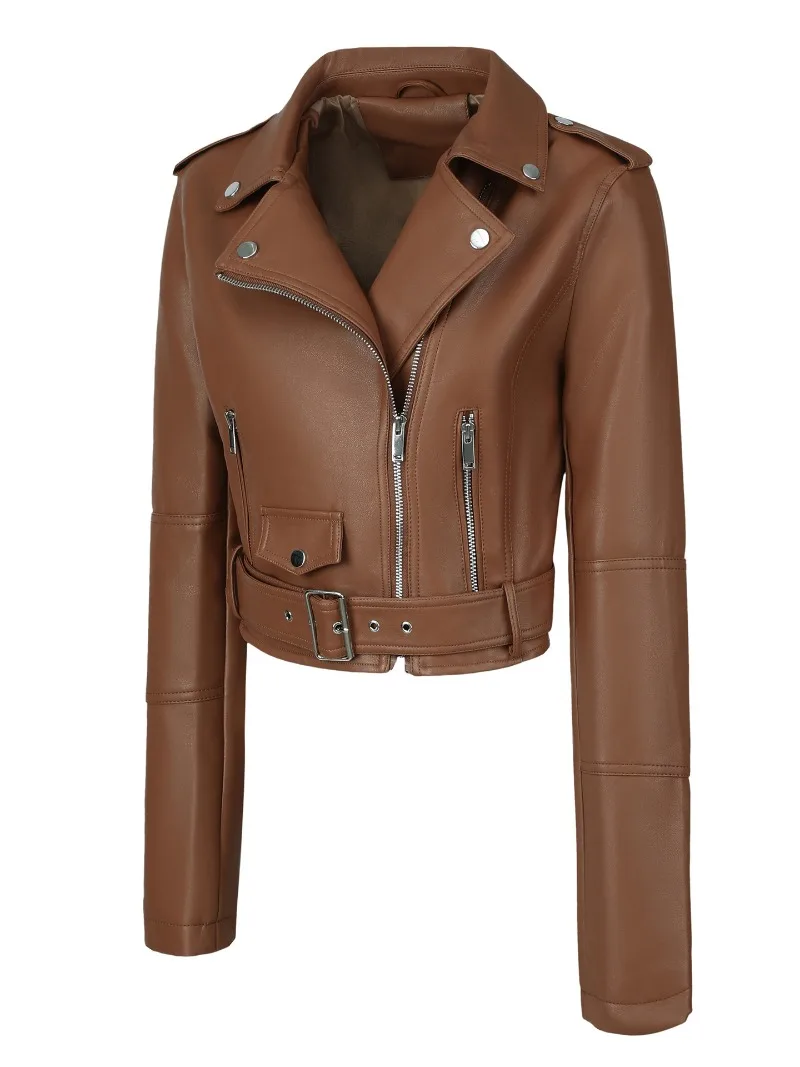 2026 Fashion Spring Autumn Women's PU Leather Jacket Moto&biker Super-short Expose-navel Coat Zip-up Lapel Top Belt Slim Jackets
