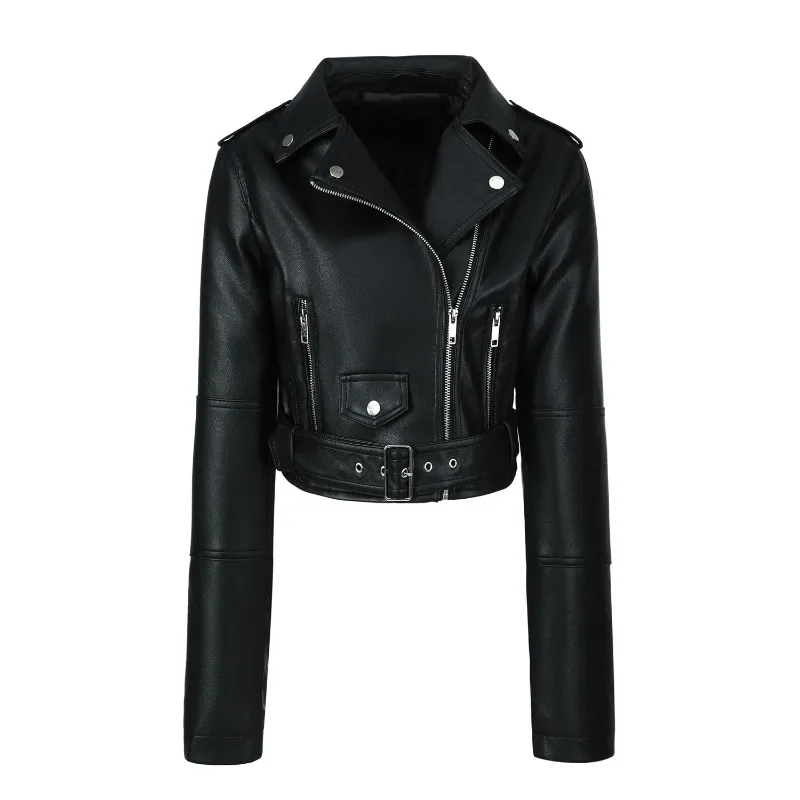 2026 Fashion Spring Autumn Women's PU Leather Jacket Moto&biker Super-short Expose-navel Coat Zip-up Lapel Top Belt Slim Jackets