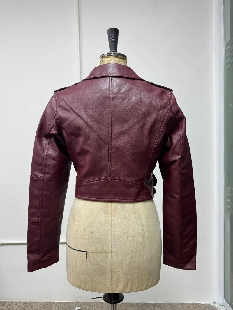 2026 Fashion Spring Autumn Women's PU Leather Jacket Moto&biker Super-short Expose-navel Coat Zip-up Lapel Top Belt Slim Jackets