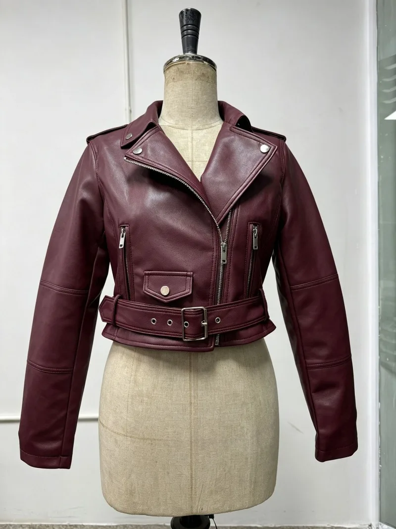 2026 Fashion Spring Autumn Women's PU Leather Jacket Moto&biker Super-short Expose-navel Coat Zip-up Lapel Top Belt Slim Jackets