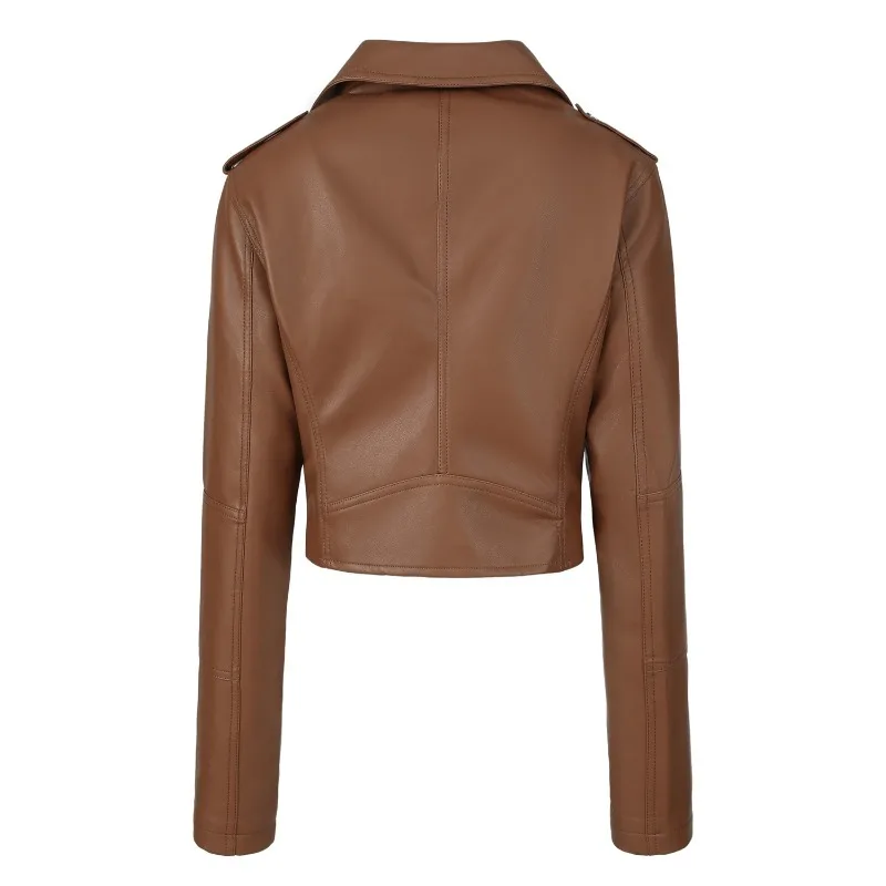 2026 Fashion Spring Autumn Women's PU Leather Jacket Moto&biker Super-short Expose-navel Coat Zip-up Lapel Top Belt Slim Jackets