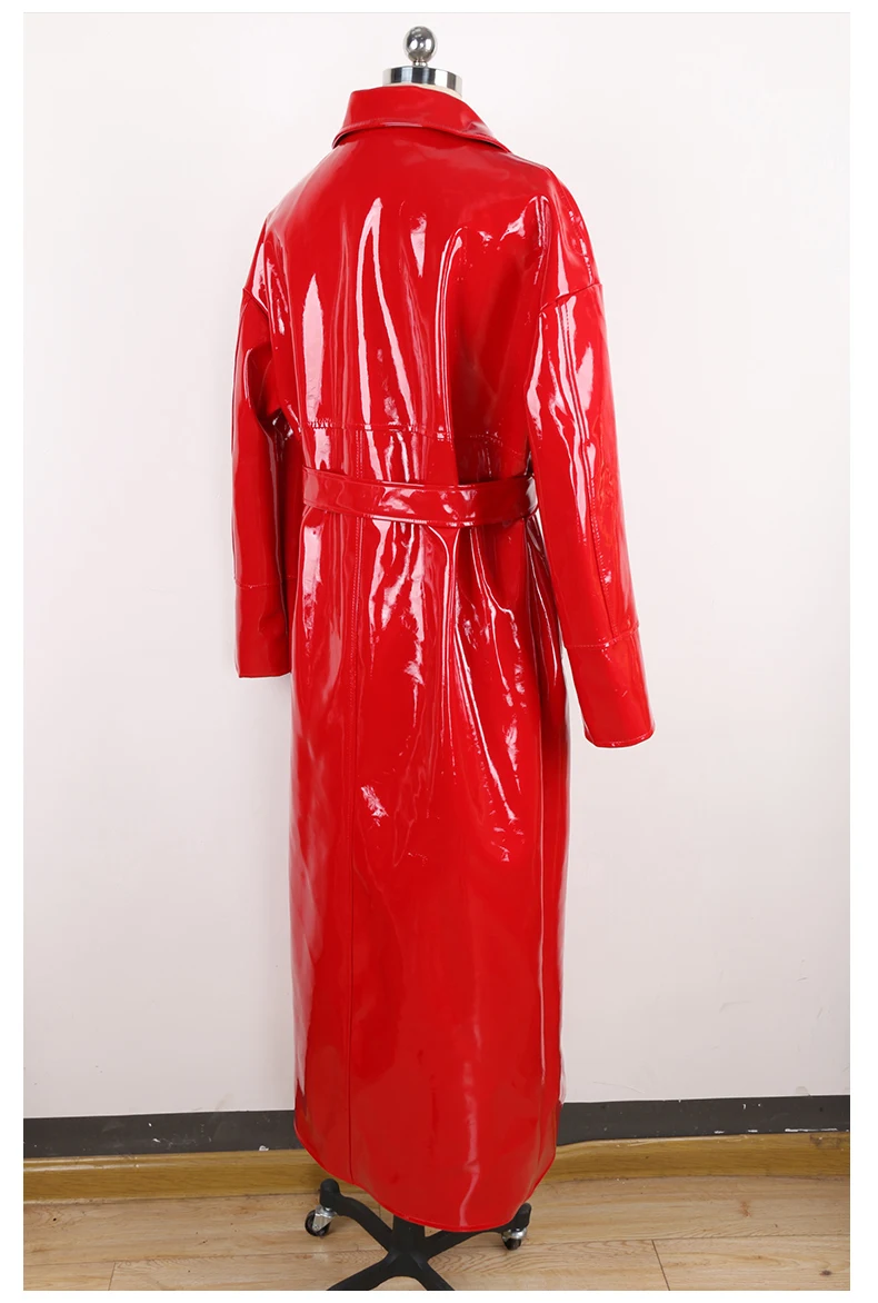 Mauroicardi Spring Autumn Long Waterproof Shiny Reflective Black Patent Leather Cocoon Coat Women Sashes Luxury Designer Clothes