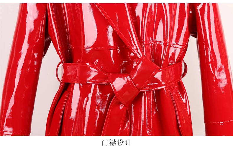 Mauroicardi Spring Autumn Long Waterproof Shiny Reflective Black Patent Leather Cocoon Coat Women Sashes Luxury Designer Clothes