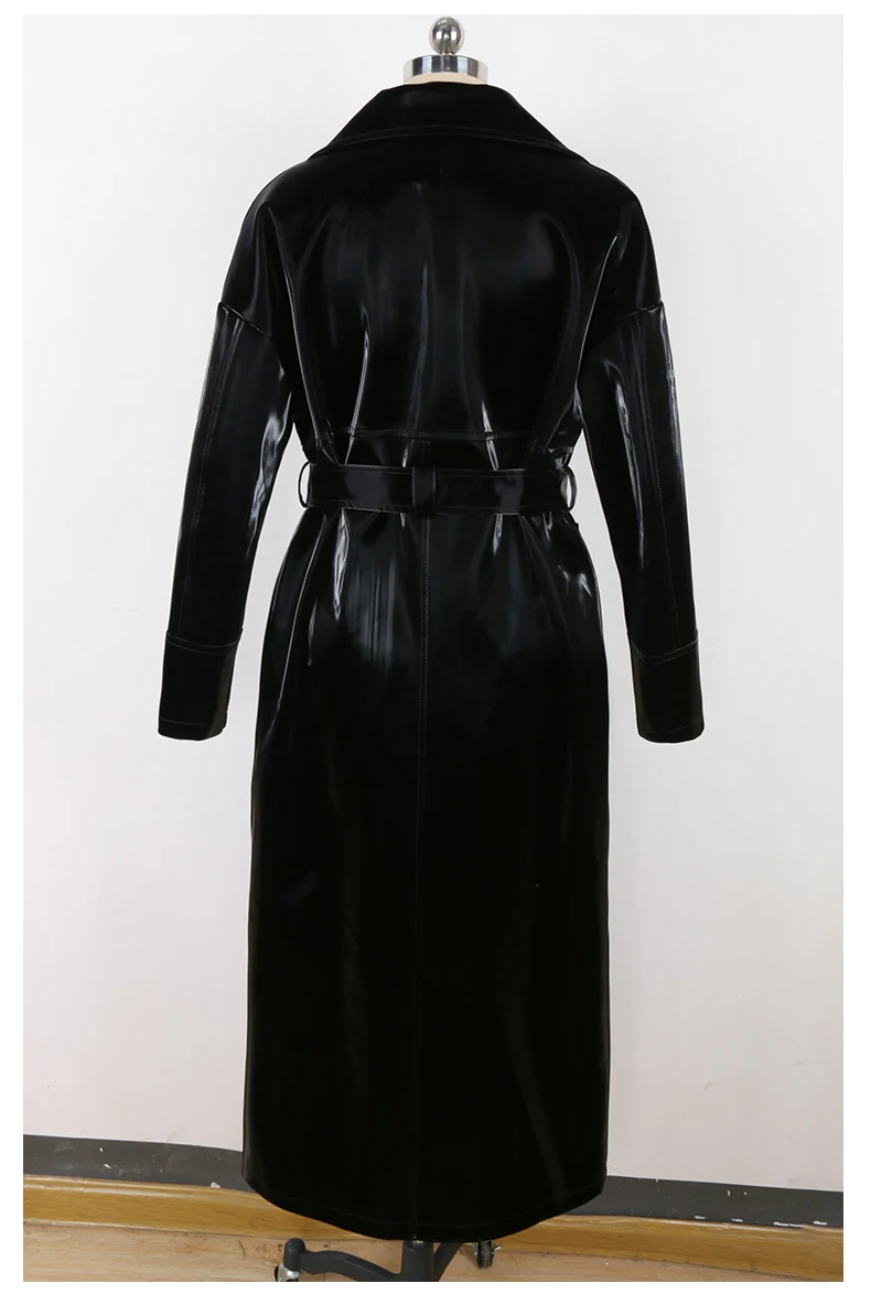 Mauroicardi Spring Autumn Long Waterproof Shiny Reflective Black Patent Leather Cocoon Coat Women Sashes Luxury Designer Clothes