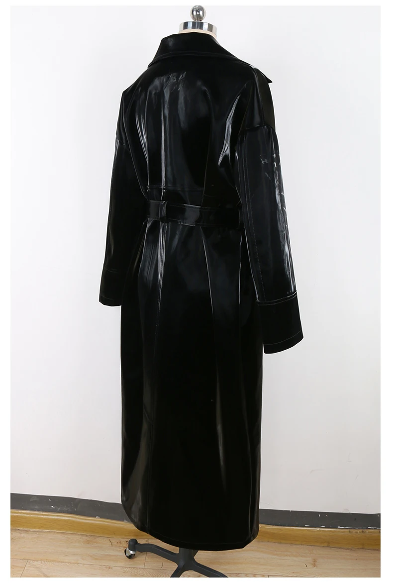 Mauroicardi Spring Autumn Long Waterproof Shiny Reflective Black Patent Leather Cocoon Coat Women Sashes Luxury Designer Clothes