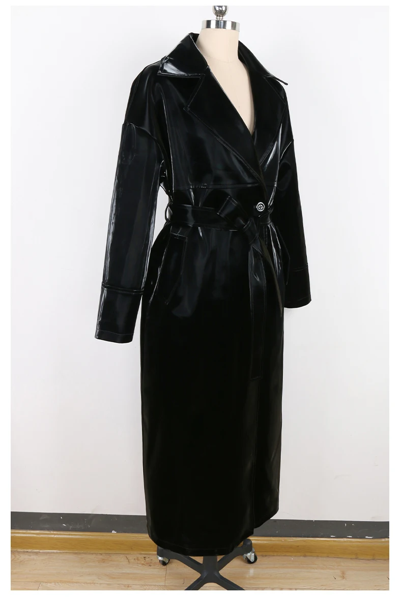Mauroicardi Spring Autumn Long Waterproof Shiny Reflective Black Patent Leather Cocoon Coat Women Sashes Luxury Designer Clothes