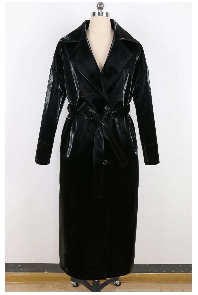 Mauroicardi Spring Autumn Long Waterproof Shiny Reflective Black Patent Leather Cocoon Coat Women Sashes Luxury Designer Clothes