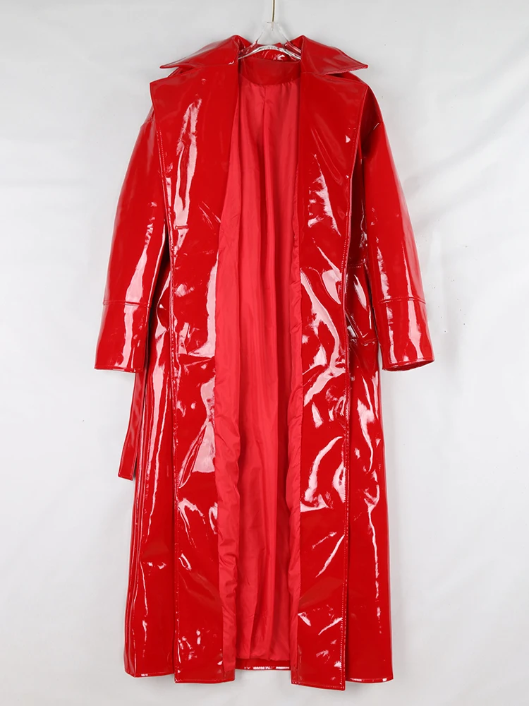 Mauroicardi Spring Autumn Long Waterproof Shiny Reflective Black Patent Leather Cocoon Coat Women Sashes Luxury Designer Clothes