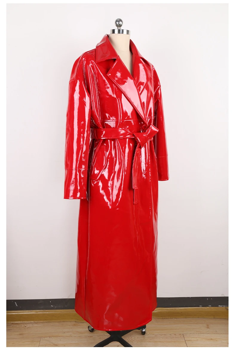 Mauroicardi Spring Autumn Long Waterproof Shiny Reflective Black Patent Leather Cocoon Coat Women Sashes Luxury Designer Clothes