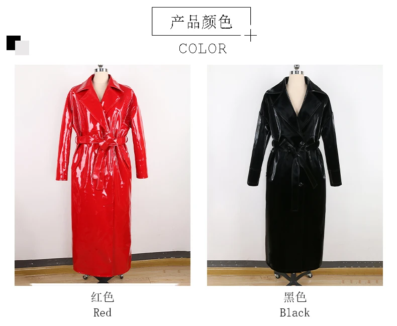 Mauroicardi Spring Autumn Long Waterproof Shiny Reflective Black Patent Leather Cocoon Coat Women Sashes Luxury Designer Clothes
