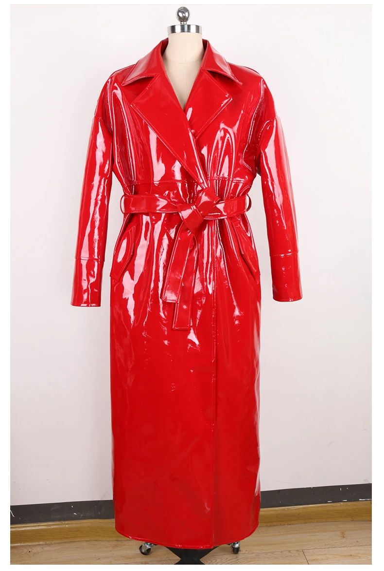 Mauroicardi Spring Autumn Long Waterproof Shiny Reflective Black Patent Leather Cocoon Coat Women Sashes Luxury Designer Clothes