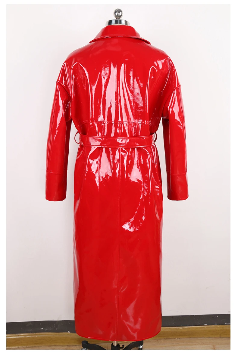 Mauroicardi Spring Autumn Long Waterproof Shiny Reflective Black Patent Leather Cocoon Coat Women Sashes Luxury Designer Clothes