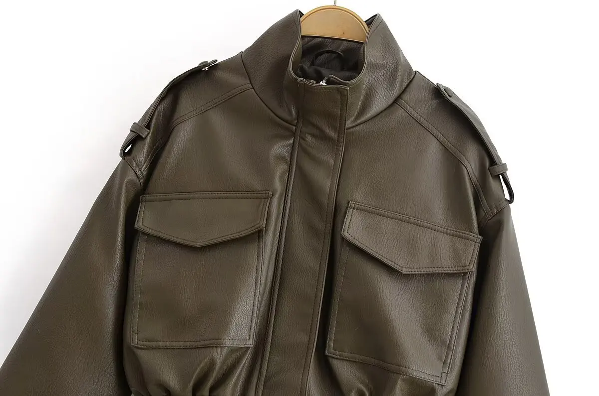 Suninheart Winter Faux Leather Bomber Jacket Women Short Zipper Front Lapel Outerwear Multiple Pockets Warm Jackets