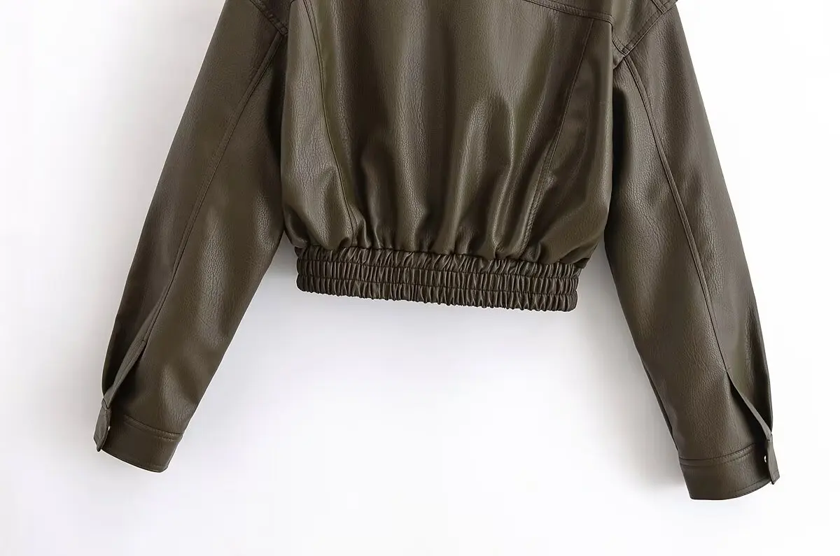 Suninheart Winter Faux Leather Bomber Jacket Women Short Zipper Front Lapel Outerwear Multiple Pockets Warm Jackets