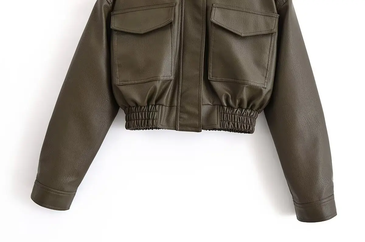 Suninheart Winter Faux Leather Bomber Jacket Women Short Zipper Front Lapel Outerwear Multiple Pockets Warm Jackets