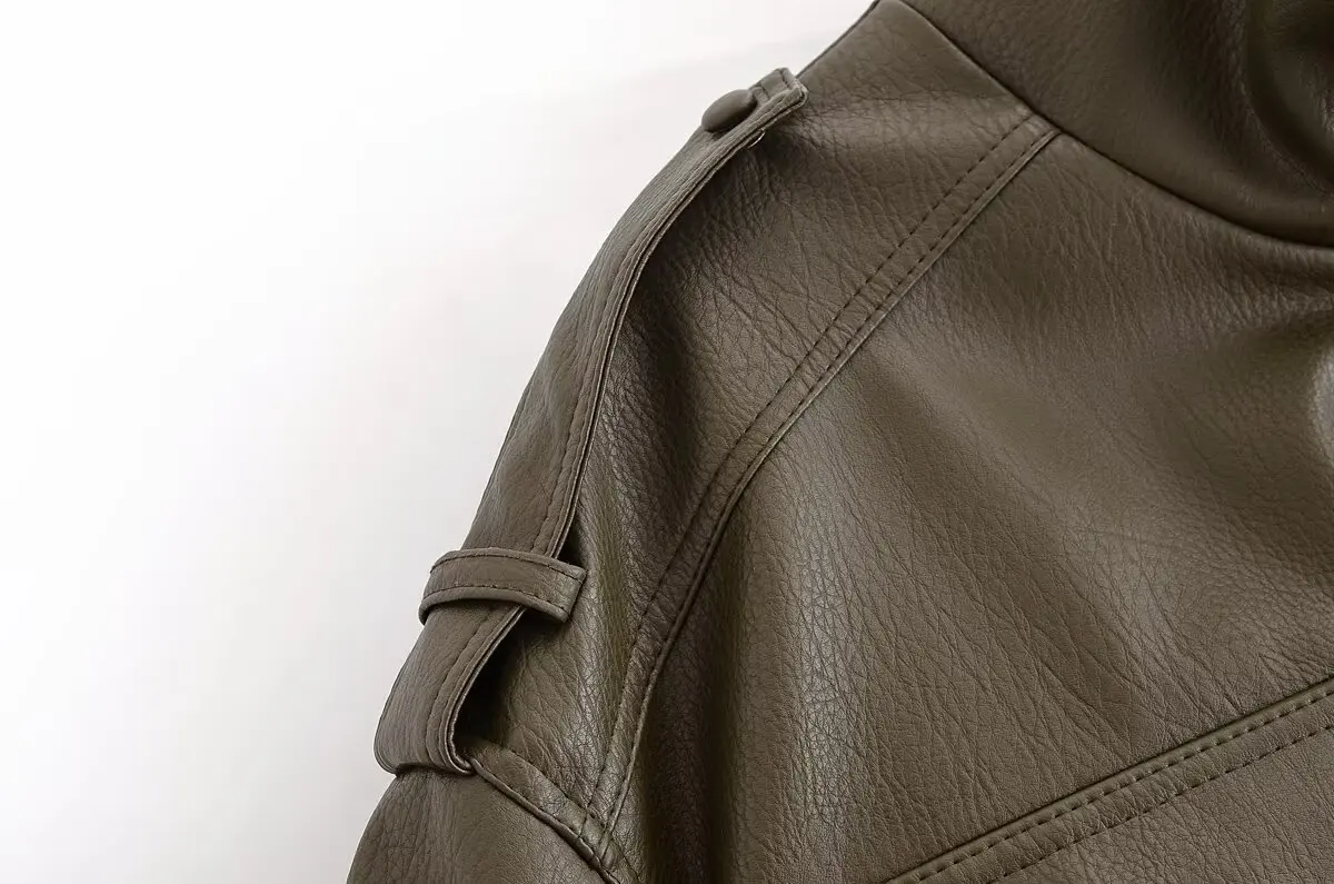 Suninheart Winter Faux Leather Bomber Jacket Women Short Zipper Front Lapel Outerwear Multiple Pockets Warm Jackets