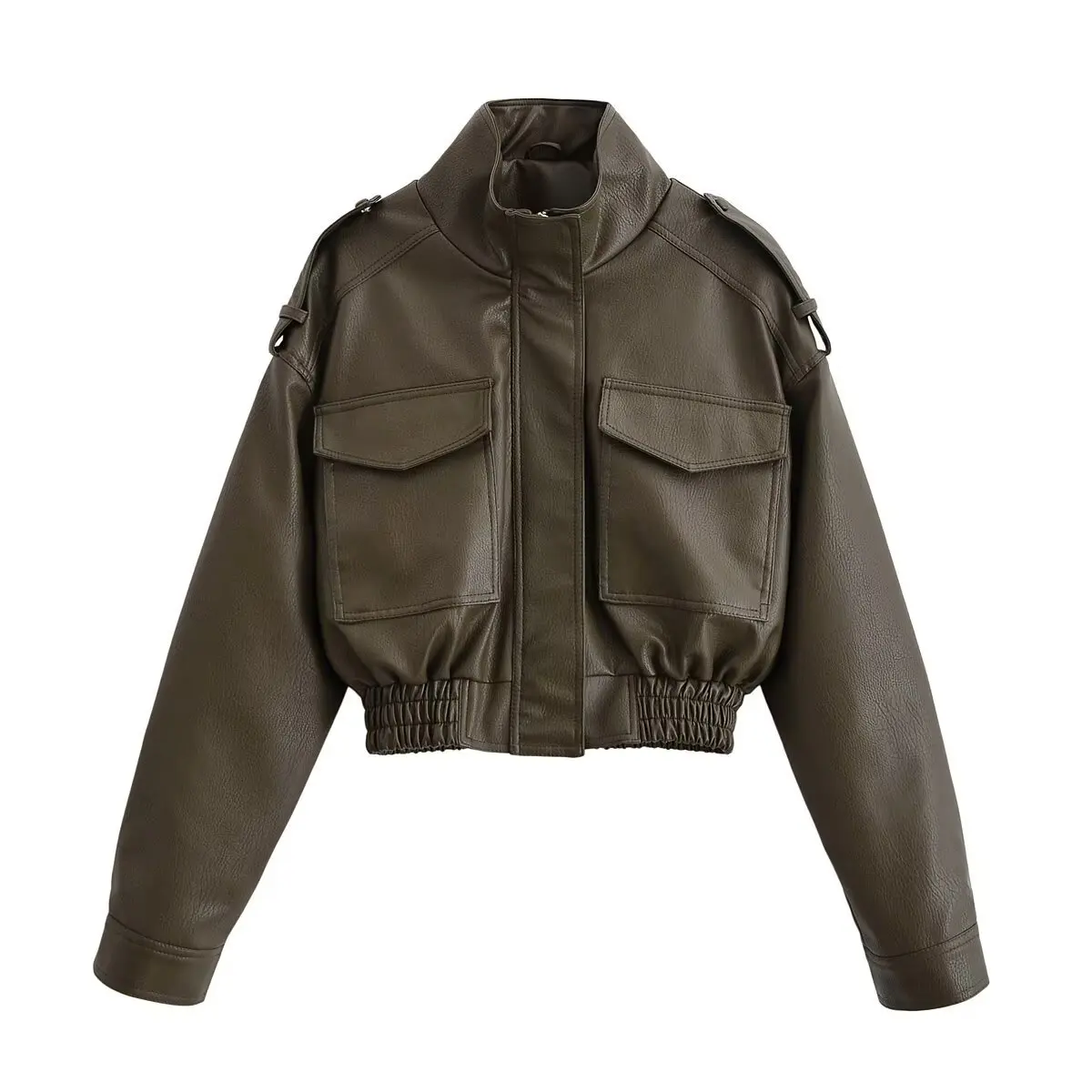 Suninheart Winter Faux Leather Bomber Jacket Women Short Zipper Front Lapel Outerwear Multiple Pockets Warm Jackets