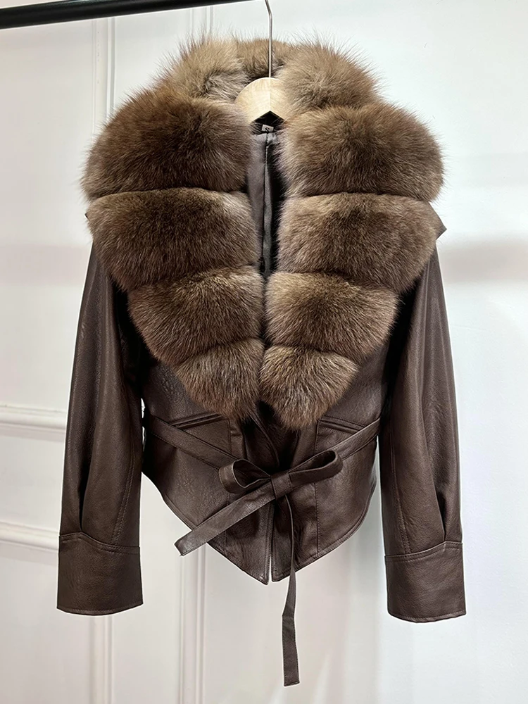 Lagabogy 2025 Real Fox Fur Collar Autumn Winter Faux Leather Jackets For Women Chic Dropped Shoulder PU Coat Casual Office Lady