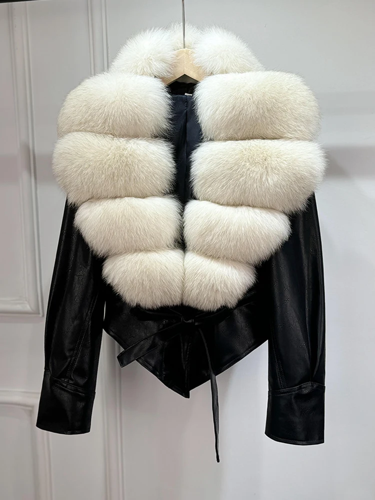 Lagabogy 2025 Real Fox Fur Collar Autumn Winter Faux Leather Jackets For Women Chic Dropped Shoulder PU Coat Casual Office Lady