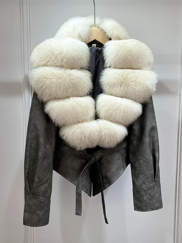 Lagabogy 2025 Real Fox Fur Collar Autumn Winter Faux Leather Jackets For Women Chic Dropped Shoulder PU Coat Casual Office Lady