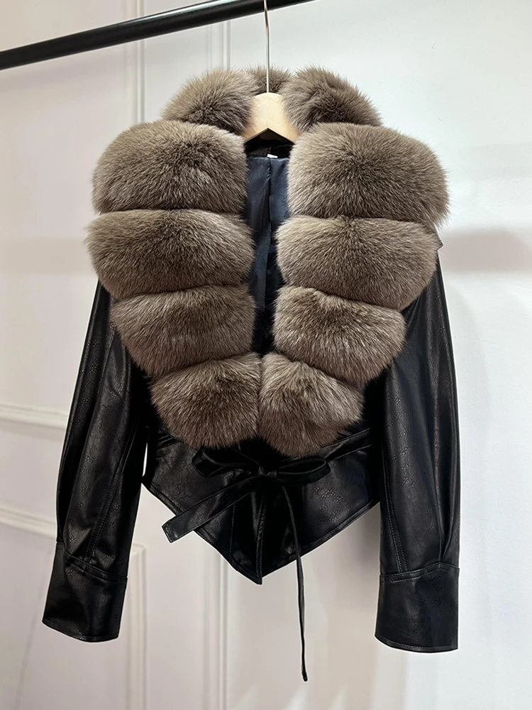 Lagabogy 2025 Real Fox Fur Collar Autumn Winter Faux Leather Jackets For Women Chic Dropped Shoulder PU Coat Casual Office Lady