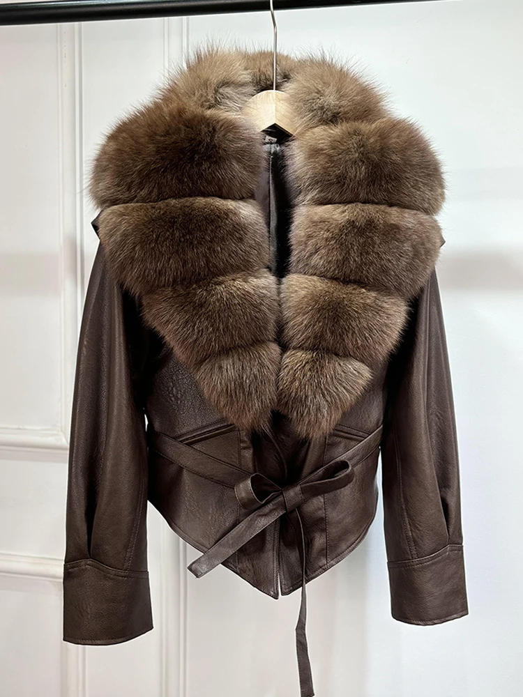 Lagabogy 2025 Real Fox Fur Collar Autumn Winter Faux Leather Jackets For Women Chic Dropped Shoulder PU Coat Casual Office Lady