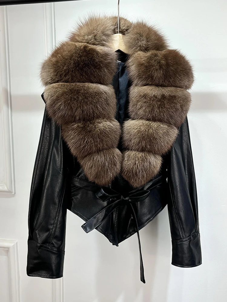 Lagabogy 2025 Real Fox Fur Collar Autumn Winter Faux Leather Jackets For Women Chic Dropped Shoulder PU Coat Casual Office Lady