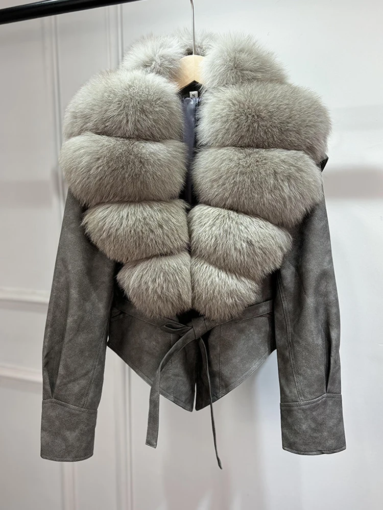 Lagabogy 2025 Real Fox Fur Collar Autumn Winter Faux Leather Jackets For Women Chic Dropped Shoulder PU Coat Casual Office Lady