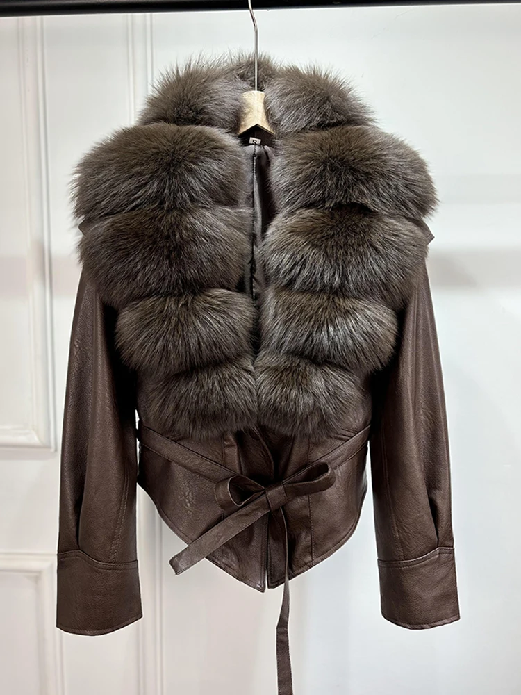 Lagabogy 2025 Real Fox Fur Collar Autumn Winter Faux Leather Jackets For Women Chic Dropped Shoulder PU Coat Casual Office Lady