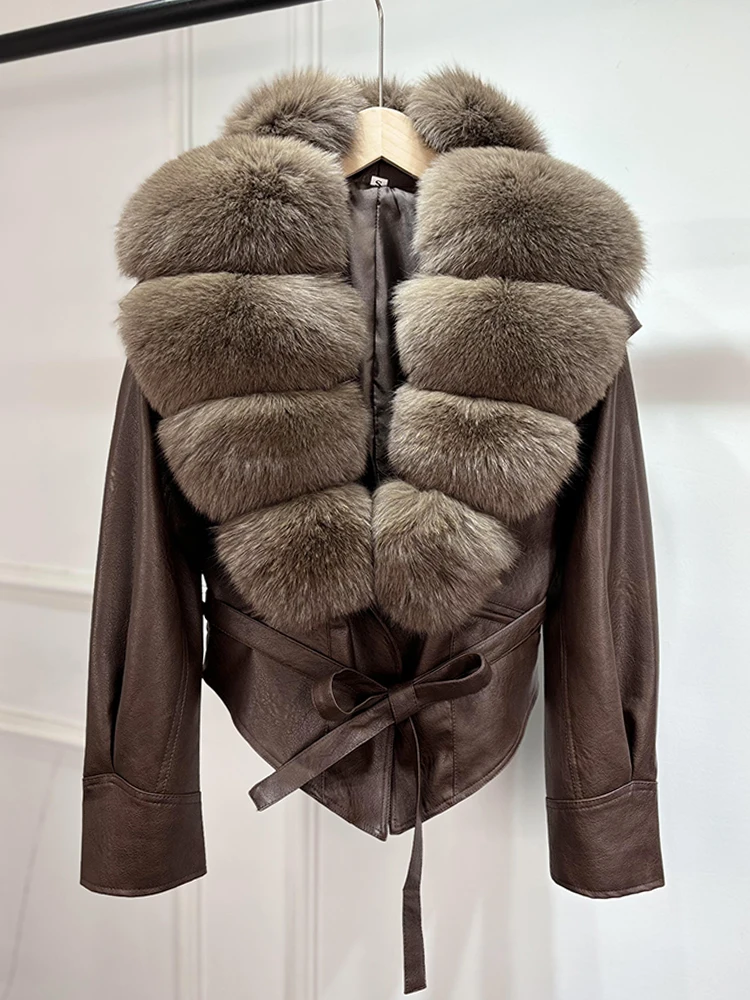 Lagabogy 2025 Real Fox Fur Collar Autumn Winter Faux Leather Jackets For Women Chic Dropped Shoulder PU Coat Casual Office Lady