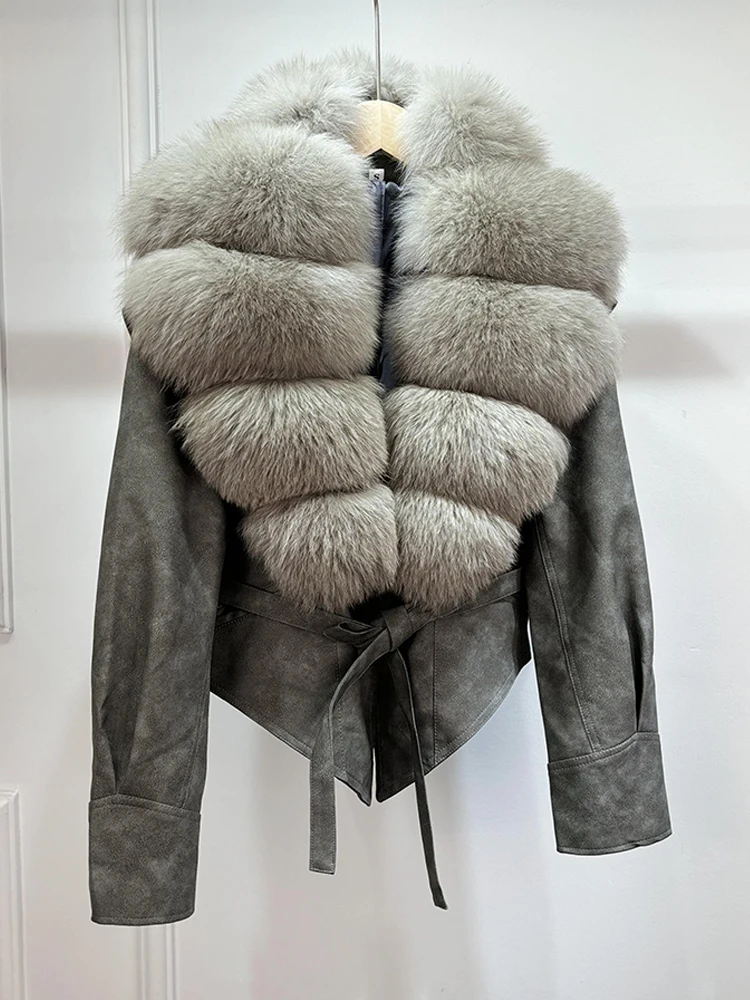 Lagabogy 2025 Real Fox Fur Collar Autumn Winter Faux Leather Jackets For Women Chic Dropped Shoulder PU Coat Casual Office Lady