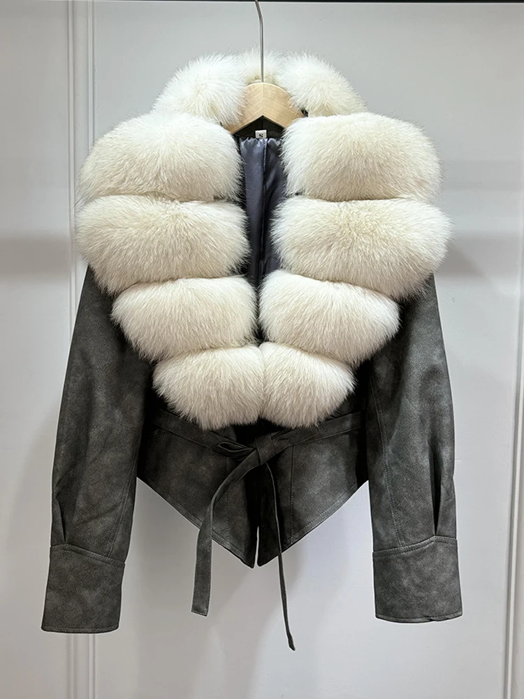 Lagabogy 2025 Real Fox Fur Collar Autumn Winter Faux Leather Jackets For Women Chic Dropped Shoulder PU Coat Casual Office Lady