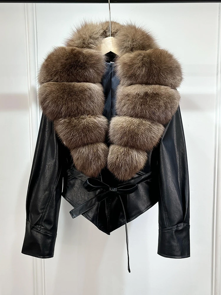 Lagabogy 2025 Real Fox Fur Collar Autumn Winter Faux Leather Jackets For Women Chic Dropped Shoulder PU Coat Casual Office Lady