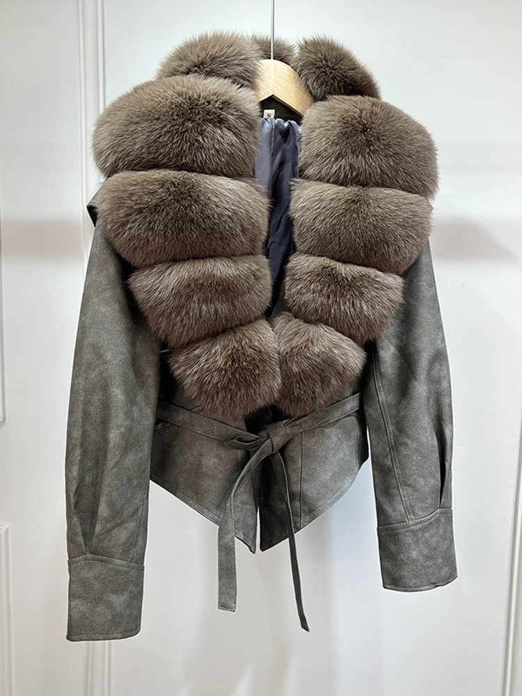 Lagabogy 2025 Real Fox Fur Collar Autumn Winter Faux Leather Jackets For Women Chic Dropped Shoulder PU Coat Casual Office Lady