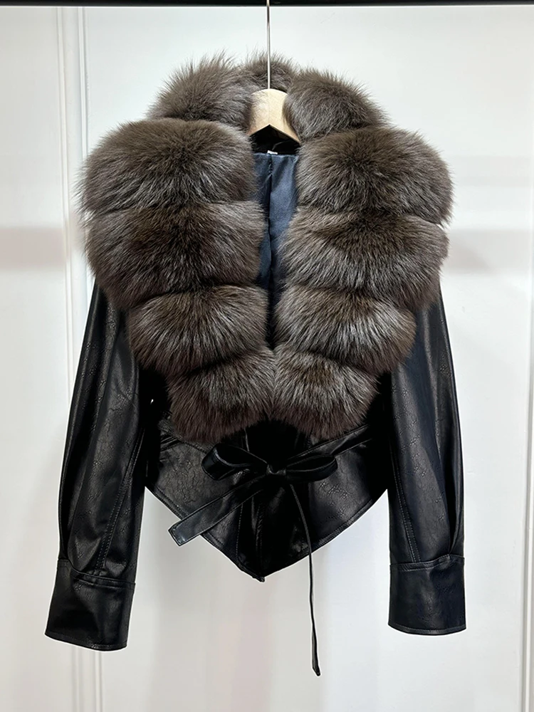 Lagabogy 2025 Real Fox Fur Collar Autumn Winter Faux Leather Jackets For Women Chic Dropped Shoulder PU Coat Casual Office Lady